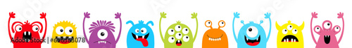 Happy Halloween. Monster colorful silhouette head face icon set line. Eyes, tongue, tooth fang, hands up. Cute cartoon kawaii scary funny baby character. White background. Flat design.