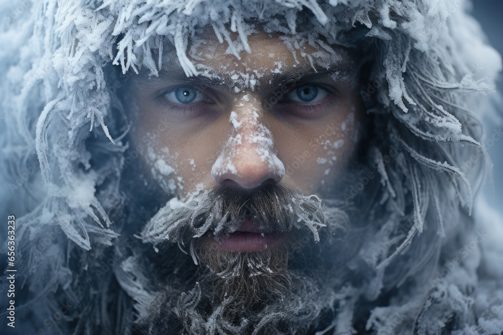 Portrait of a man with a beard and mustache, frozen face covered with frost