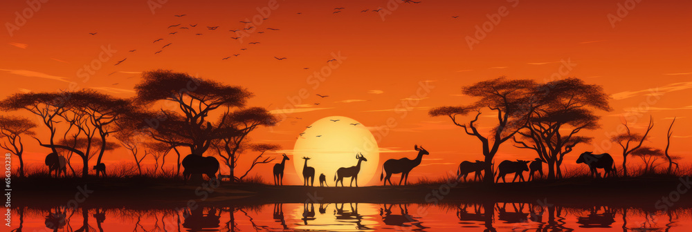 Large group of wild safari animals at sunset with reflection in the water panorama Large group of wild safari animals at sunset with reflection in the water panorama