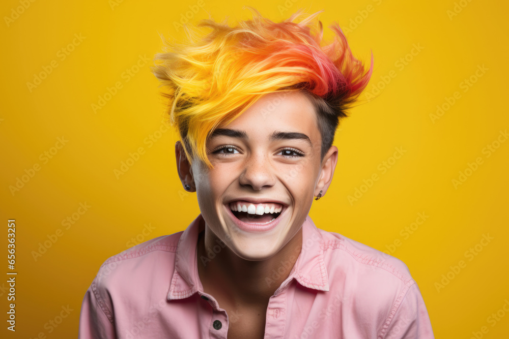Young boy with bright colored hair on a yellow background Young boy with bright colored hair on a yellow background