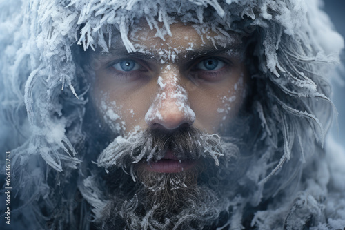 Portrait of a man with a beard and mustache, frozen face covered with frost