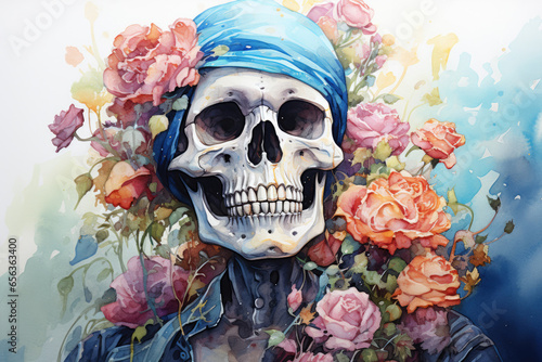 Skeleton among colored flowers in watercolor style © Michael