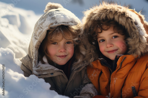children having fun in the snow outside on a winter day