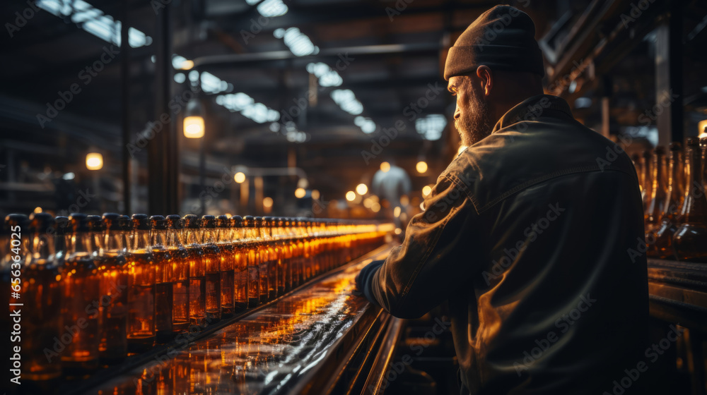 male factory worker standing near production line at drinks production factory male factory worker standing near production line at drinks production factory