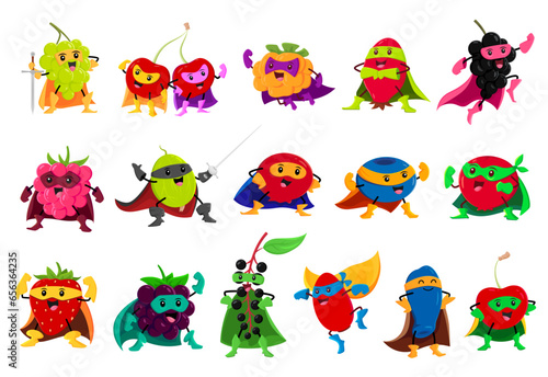 Cartoon berry superhero and defender characters. Vector cranberry, blackberry, rosehip and birds cherry. Honey berry, barberry, cloudberry and blueberry. Gooseberry, grapes, raspberry or strawberry
