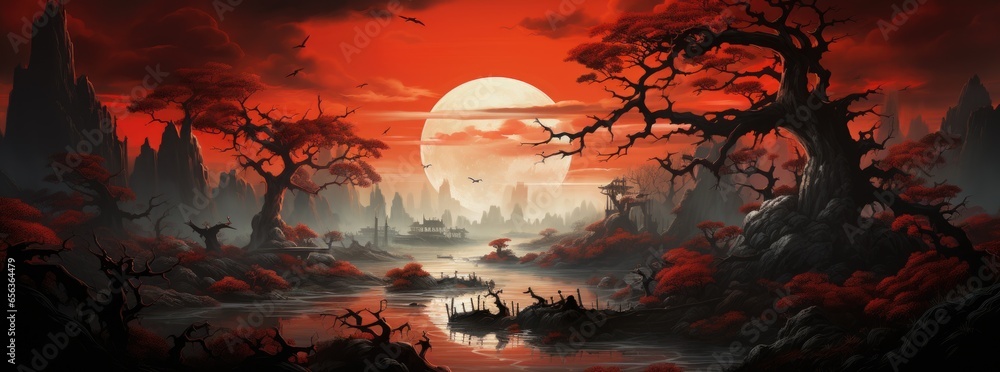 An Chinese landscape with bright red lights, in the style of gothic illustration