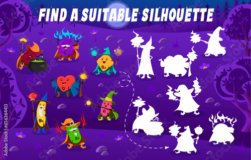 Find a suitable silhouette of cartoon vitamin wizard. Silhouette find quiz vector worksheet, shadow match, similarity search game with P, E, B2 and D, A, B5, B6 vitamins sorcerers funny personages