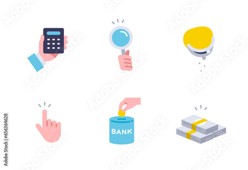 電卓・虫眼鏡・財布・指・貯金・お札のシンプルなベクター塗りアイコンイラストセット素材