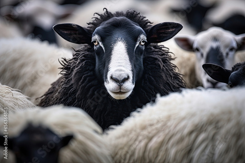 Black sheep in a flock of white sheep. Generative Ai