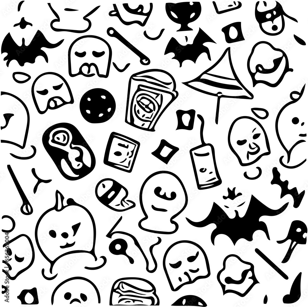 Halloween seamless pattern vector illustration with bats, pumpkins, hats in black Halloween seamless pattern vector illustration with bats, pumpkins, hats in black