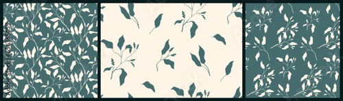 Seamless botanical pattern with ink branches, plant silhouettes in the collection. Floral design of blue hand drawn branches with small tassels of flowers, large leaves on a white background. Vector.