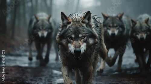 a pack of wolves in the autumn forest , frontal view of wildlife, predators hunting, fear of the attack of wild animals