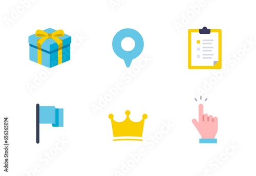 プレゼント・バインダー・指・王冠・旗・ピンのシンプルなベクター塗りアイコンイラストセット素材