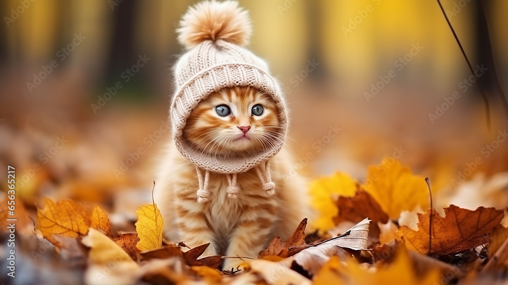 a cute little kitten is wearing a hat, posing in an autumn park among fallen yellow leaves, the background of the autumn calendar is a joke - obrazy, fototapety, plakaty 