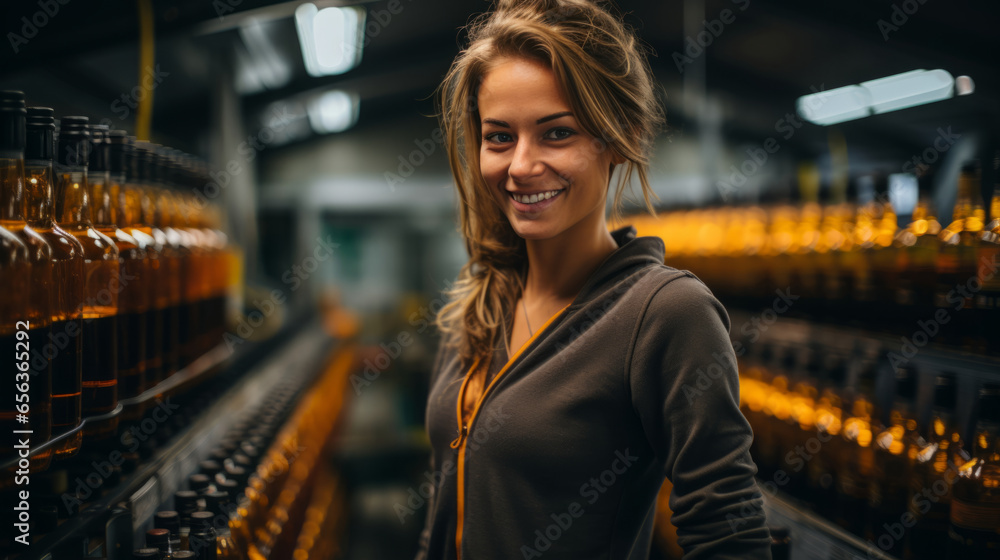 Portrait of female factory worker standing near production line at drinks production factory - obrazy, fototapety, plakaty 