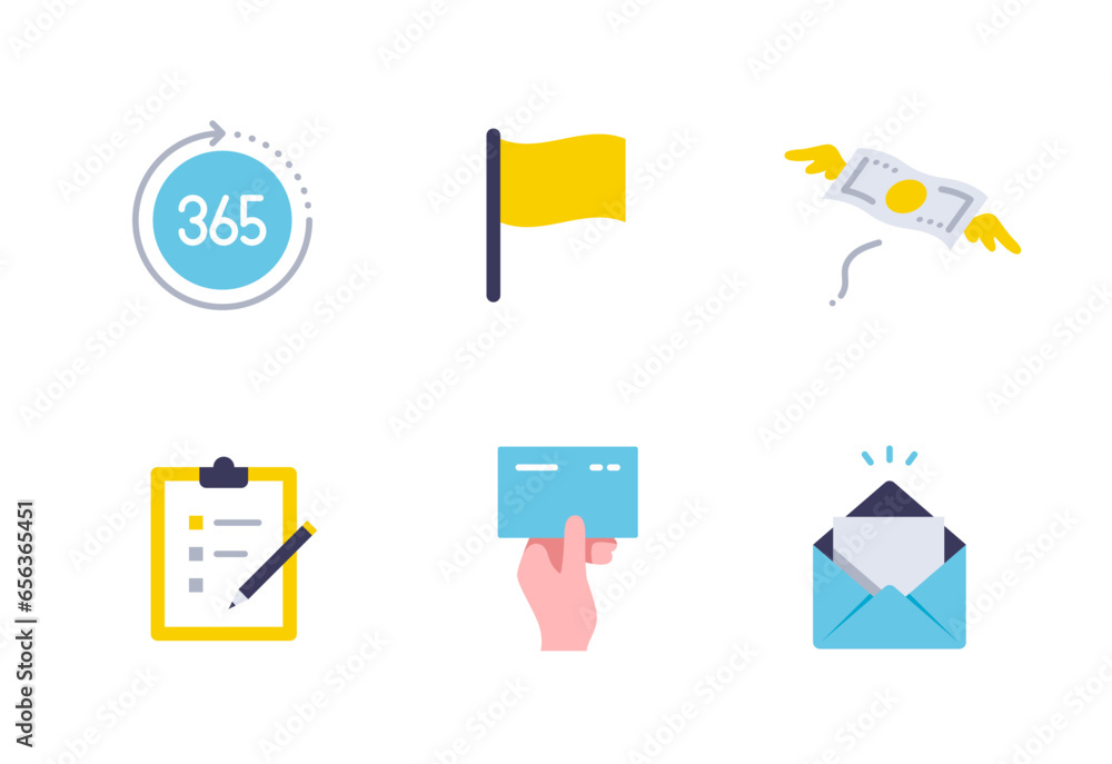365日・旗・カード・バインダー・メール・お金のシンプルなベクターアイコンイラストセット素材