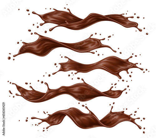 Realistic liquid chocolate splash wave. Brown choco, cream or cacao flow. Isolated 3d vector rich, velvety cascading sweet jets and creamy swirls, capturing the essence of indulgence and temptation