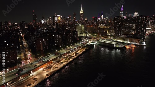 Aerial Shot - FDR Drive - Empire State Building - Night