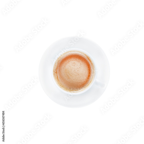 White cup and saucers with freshly prepared black coffee with cream, isolated on transparent. PGN.