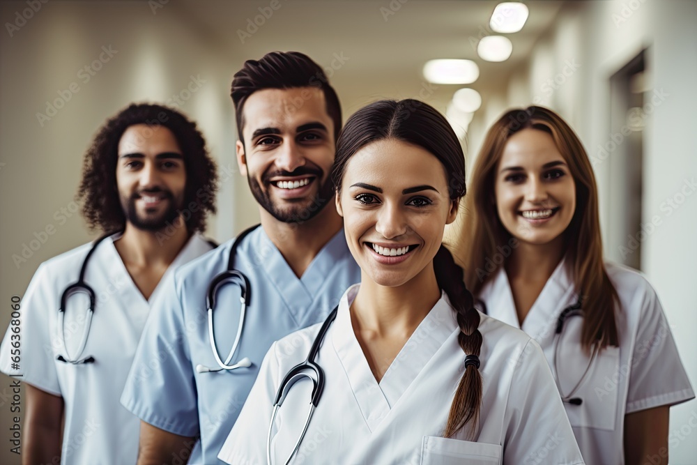 Happy and diverse medical team of doctors, nurses and medical workers working together in a hospital. Happy and diverse medical team of doctors, nurses and medical workers working together in a hospital.