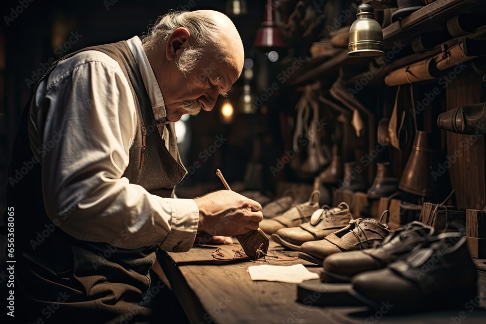 A dedicated craftsman working in a well-equipped workshop, specializing in shoe making and repair. - obrazy, fototapety, plakaty 