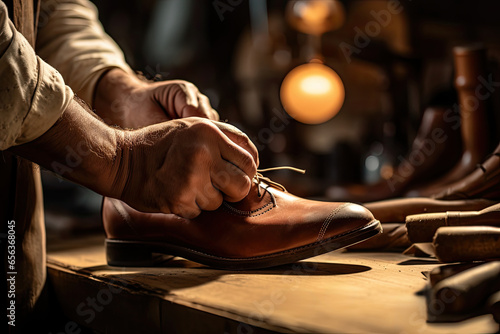 Experienced shoemaker in a modern workshop, making and repairing leather shoes with special attention to detail. photo