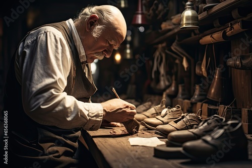 A dedicated craftsman working in a well-equipped workshop, specializing in shoe making and repair.