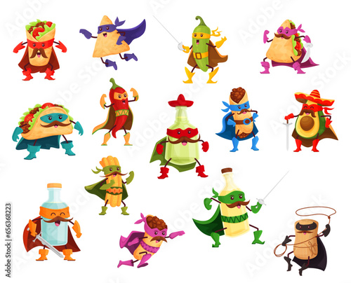 Cartoon tex mex food superhero characters. Vector fast food personage of mexican cuisine with super hero costumes, capes. Cute taco, burrito, nacho and churro, chili, avocado, tequila and quesadilla
