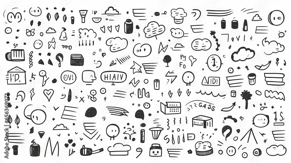 Sketch underlines, icons, emphasis, speech bubbles, arrows and shapes: hand drawn simple elements set on white background