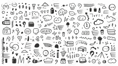 Sketch underlines  icons  emphasis  speech bubbles  arrows and shapes  hand drawn simple elements set on white background