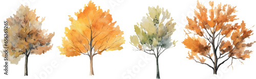 Set of watercolor clip art, autumn trees isolated on a white background