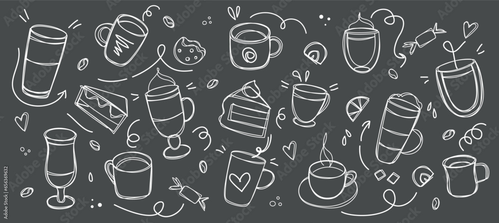 Coffee and desserts in doodle style drawn with chalk on a black board. Sketch of different cups of coffee and cappuccino. Banner Art background for cafe shop, card, banner etc. - obrazy, fototapety, plakaty 