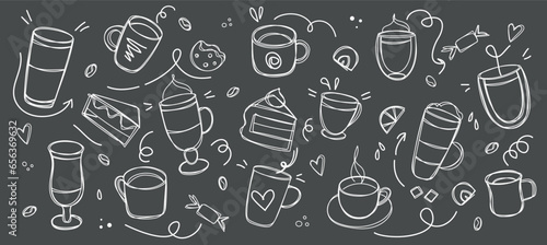 Coffee and desserts in doodle style drawn with chalk on a black board. Sketch of different cups of coffee and cappuccino. Banner Art background for cafe shop, card, banner etc.
