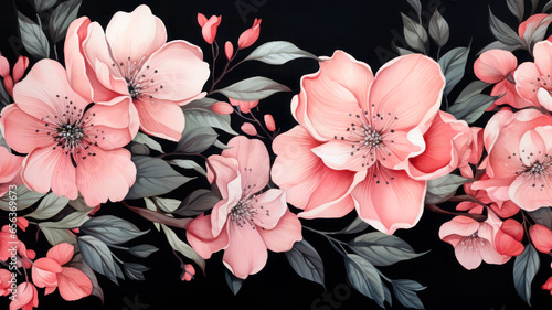 Floral background: large pink flowers on a black background. Seamless pattern with red flowers on a black background.
Colorful watercolor pink flowers and leaves. Abstract black background with waterc