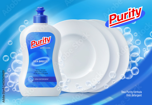 Dish detergent bottle, cleanser soap bubbles and clean plates. 3d vector ads poster with dishware cleaner tube and platters on blue background. New purity formula of dishwasher, ads promo template