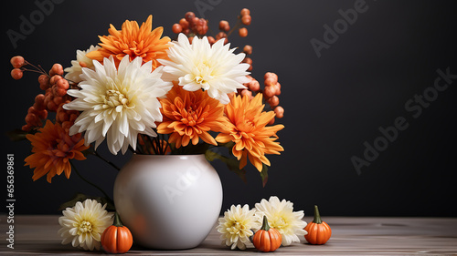vase of autumn marigold flowers on a solid background with a copy space, greeting card in October, postcard © kichigin19
