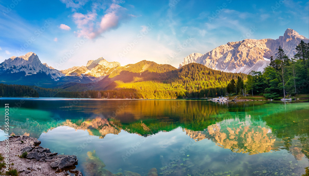 A stunning summer sunrise at Eibsee lake with the majestic Zugspitze mountain range in the background. It's a sunny outdoor scene in the German Alps, Bavaria, Germany, Europe, showcasing the beauty of