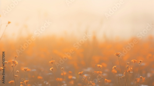 a view of a field of wild flowers in a golden morning mist, a summer landscape on a quiet sunny morning © kichigin19