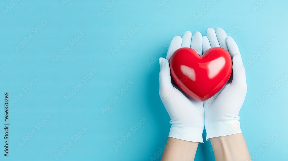 Heart disease prevention - medical gloves holding heart model on light blue background - obrazy, fototapety, plakaty 