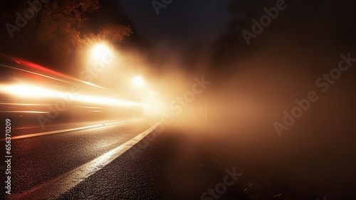 autumn fog on a wet night road in the headlights of a car, autumn dangerous driving weather, fog in the light of a car