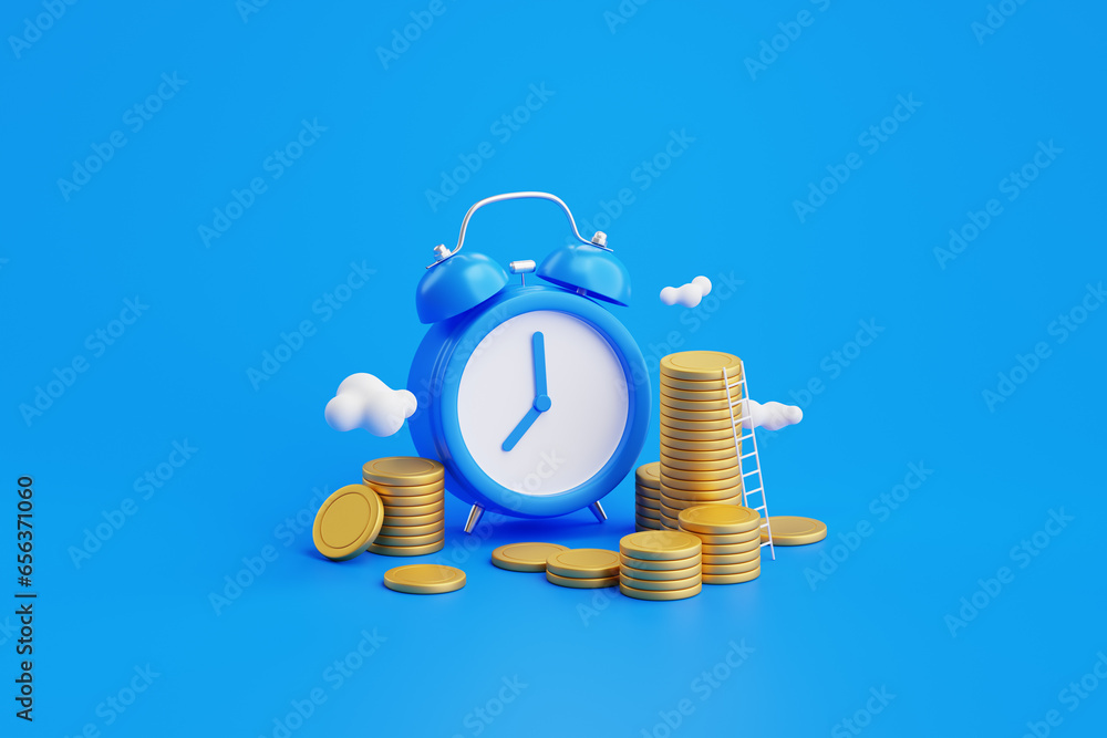 Finance money coin banking reminder cash time financial wealth clock success profit economy 3d background business investment income growth currency alert retirement timer minimal isometric concept. - obrazy, fototapety, plakaty 