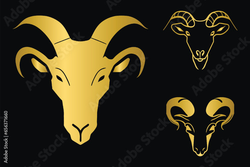 Set of golden goat head, gold goat