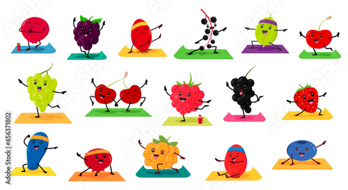 Cartoon berry characters on yoga fitness sport. Vector cranberry, blackberry, rosehip and birds cherry. Gooseberry, grapes, raspberry or strawberry. Honey berry, barberry, cloudberry and blueberry