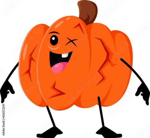 Cartoon Halloween pumpkin character. Isolated vector one-eyed cracked gourd personage with a mischievous toothless grin, embodies the spirit of holiday season, radiating a playful and mysterious aura