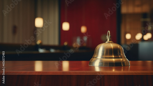 a bell to call the hotel staff at the reception desk a blurry view of the luxury hotel