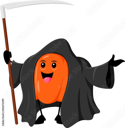 Cartoon Halloween pumpkin character dons a grim reaper costume, combining spooky and cute for a delightful holiday twist. Isolated vector gourd in robe with scythe radiating all hallows eve spirit