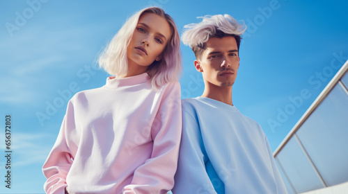 Cool young couple in colorful casual clothing on summer background. photo