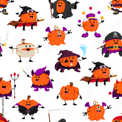 Halloween pumpkin characters pattern. Vector seamless background featuring adorable gourd personages wearing spooky costumes of witch, vampire, mummy and clown, alien, pirate or devil and grim reaper