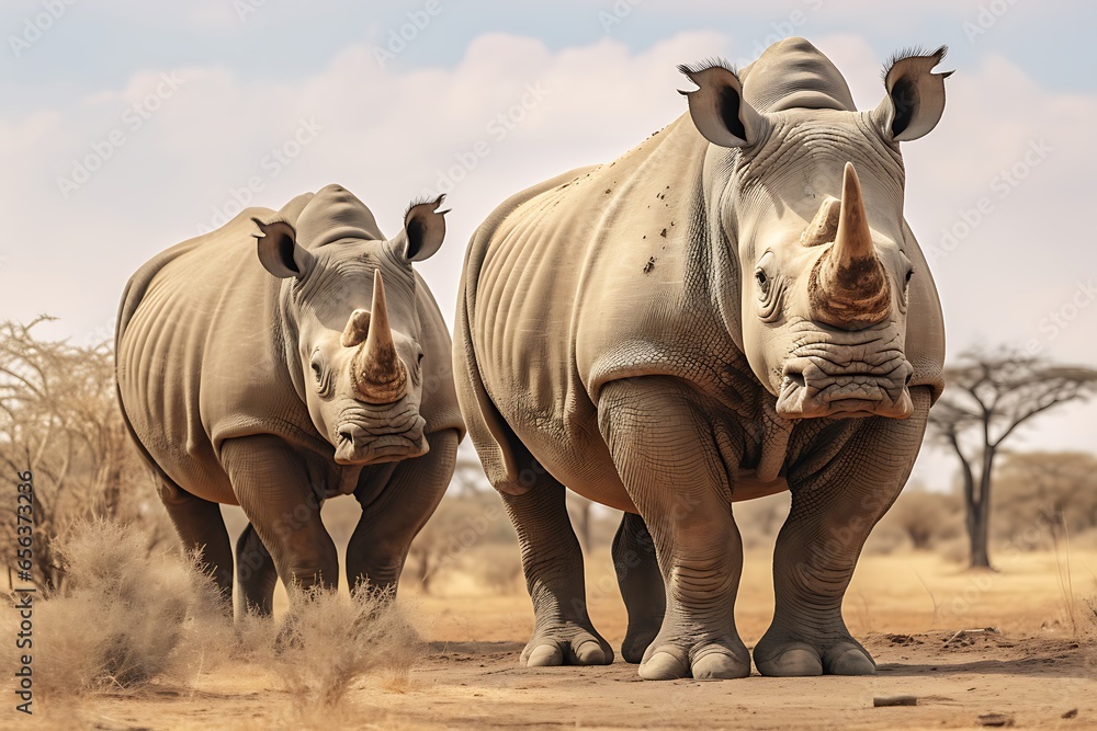 Fototapeta premium Two white rhinoceros in Kruger Park, South Africa