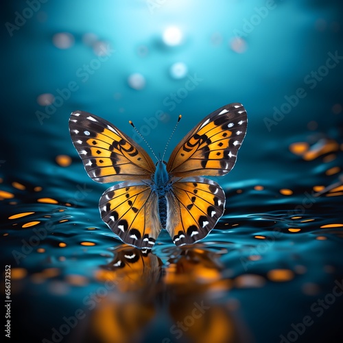 Butterfly in the water on a blue background. 3d rendering